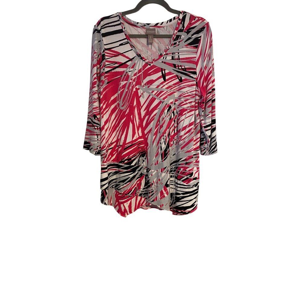 Chicos 2 Tunic Women’s Size L Multicolor Abstract V-Neck Top 3/4 Sleeve Pullover